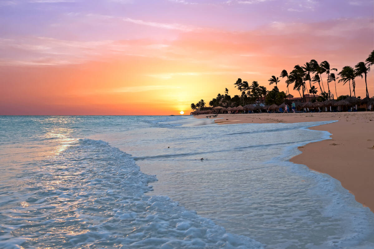 Druif beach at sunset on Aruba island in the Caribbean sea at sunset