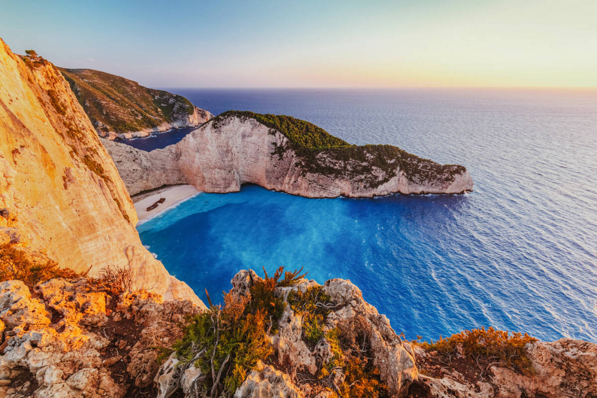 Ionian sea sunset at shipwreck beach in Zakynthos, Greece.