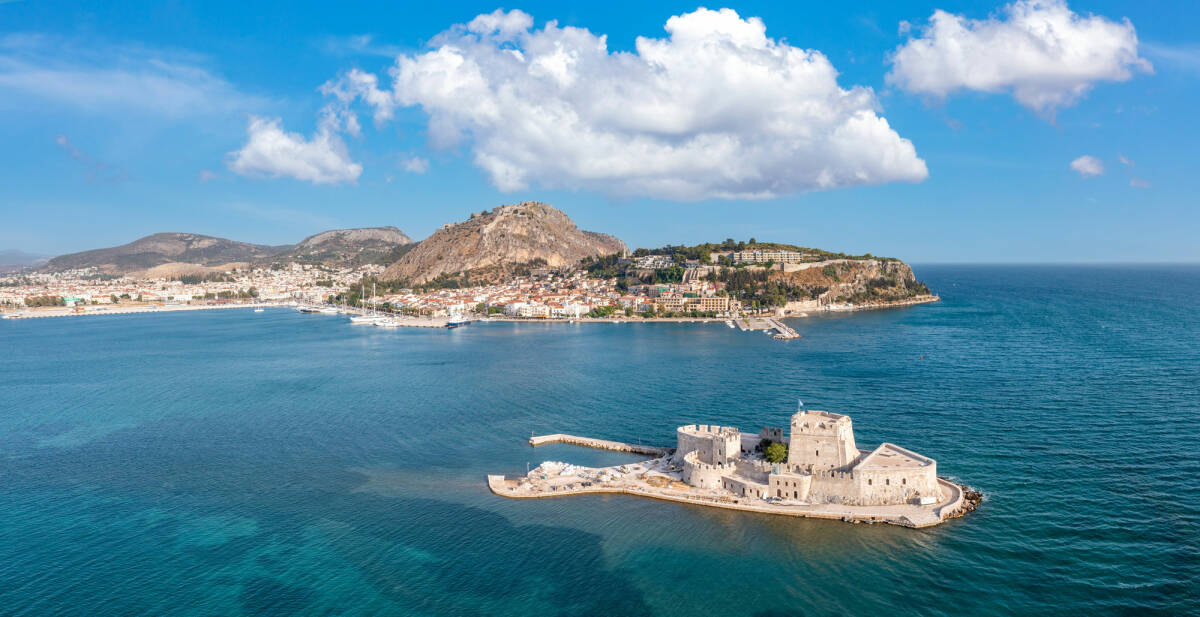 Peloponnese old town cityscape of Nauplion, Greece, Aerial drone view.