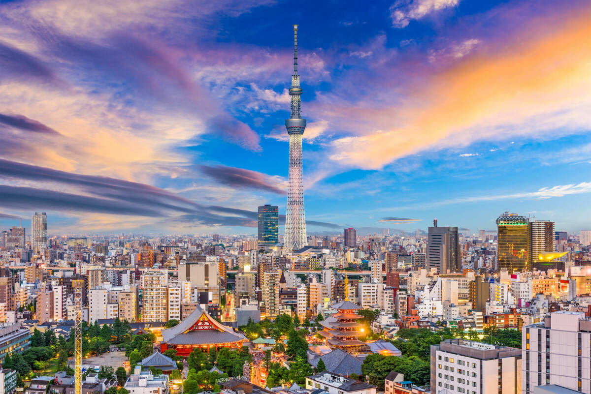 View of Tokyo, Japan skyline in the Asakusa district.